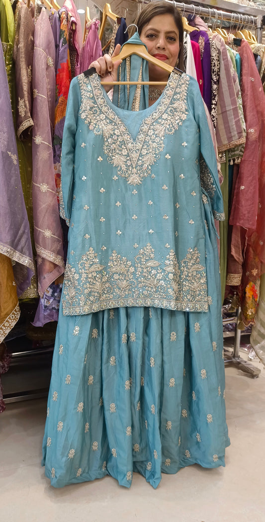 SEA GREEN FULL WORK SHIRT WITH FULL FLAIR LEHENGA
