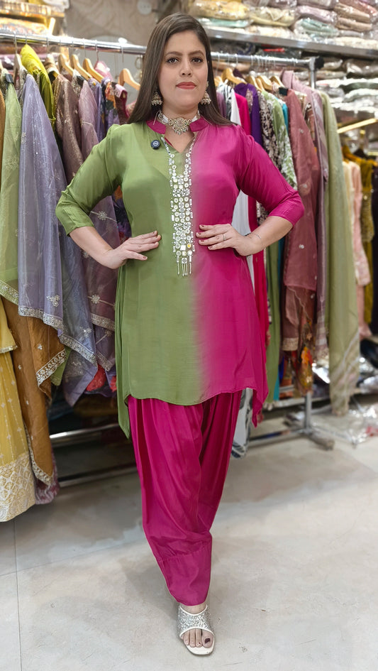 GREEN WITH PINK A-LINE WITH FARSHI SALWAR 2PC CORDSET