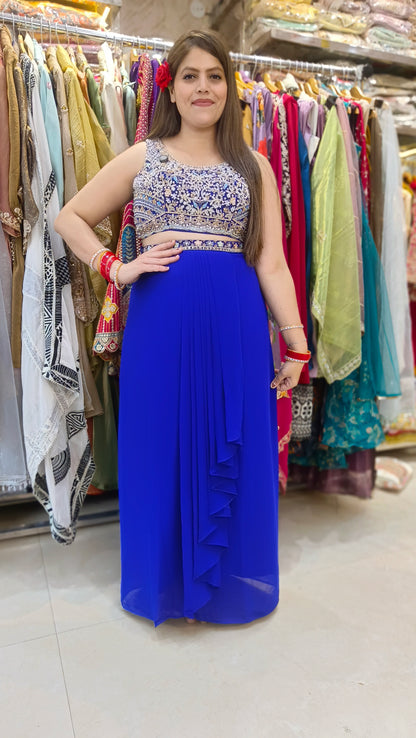 BLUE CROPE TOP WITH CAPE DESIGN SKIRT DRESS