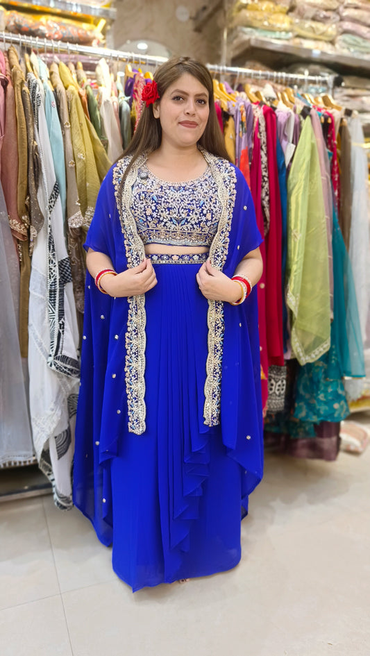 BLUE CROPE TOP WITH CAPE DESIGN SKIRT DRESS