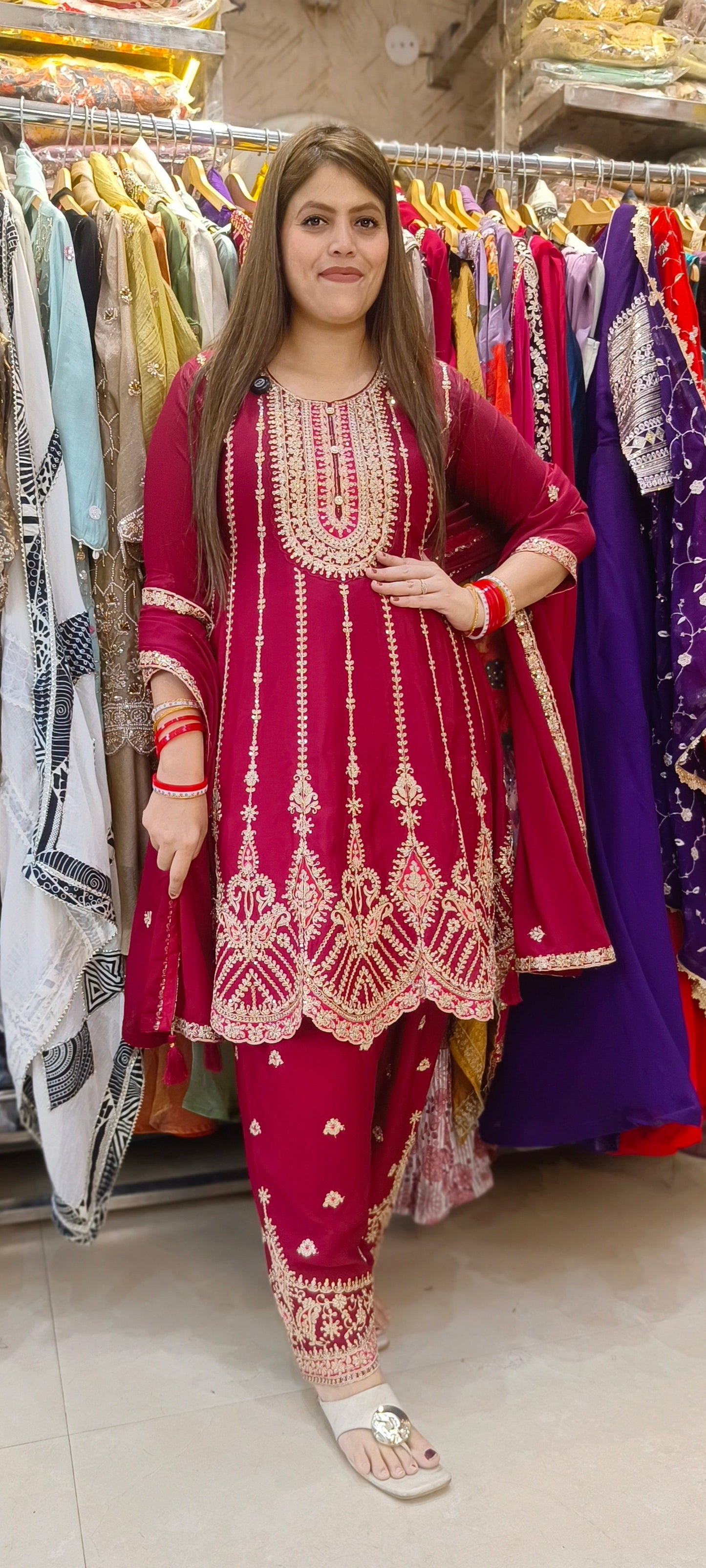 MEHROON PEMPLUM DESIGN FARSHI SALWAR SUIT