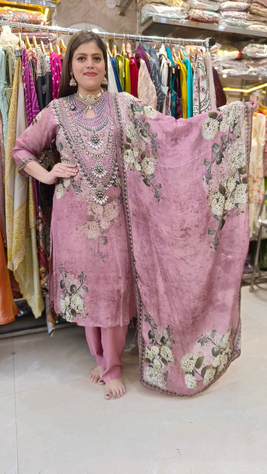 PINK NECK DESIGN WITH PEARL WORK SUIT