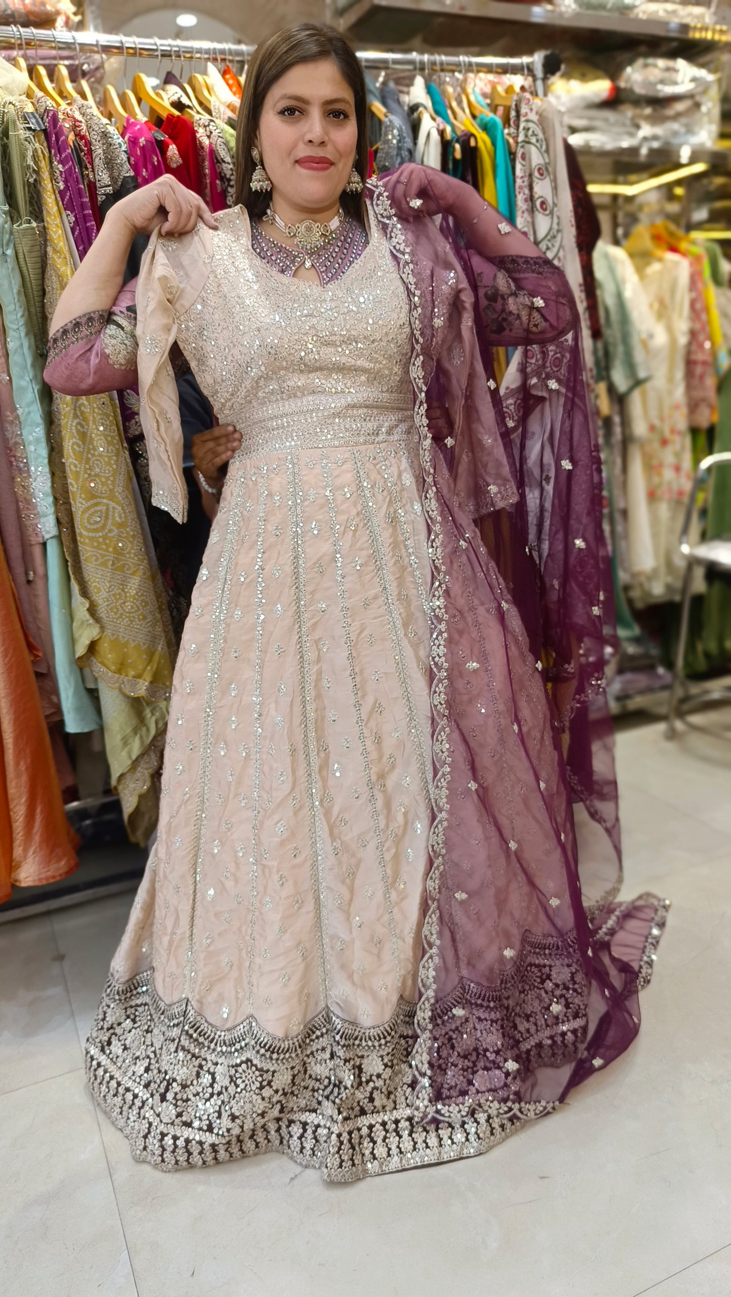 WEDDING WEAR PEACH WITH MEHROON DESIGN GOWN