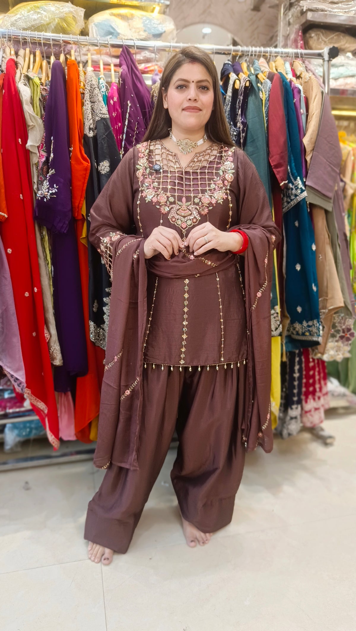 PREMIUM NECK DESIGN PERAL WORK FARSHI SALWAR SUIT