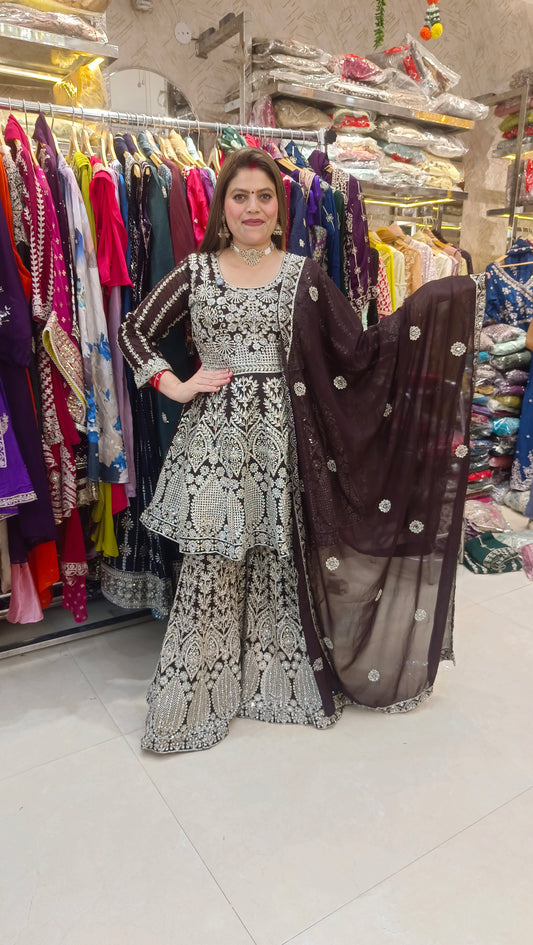 BROWN WEDING WERA FUL MIRROR AND ZARI WORK WITH HEAVY SHRARA SUIT