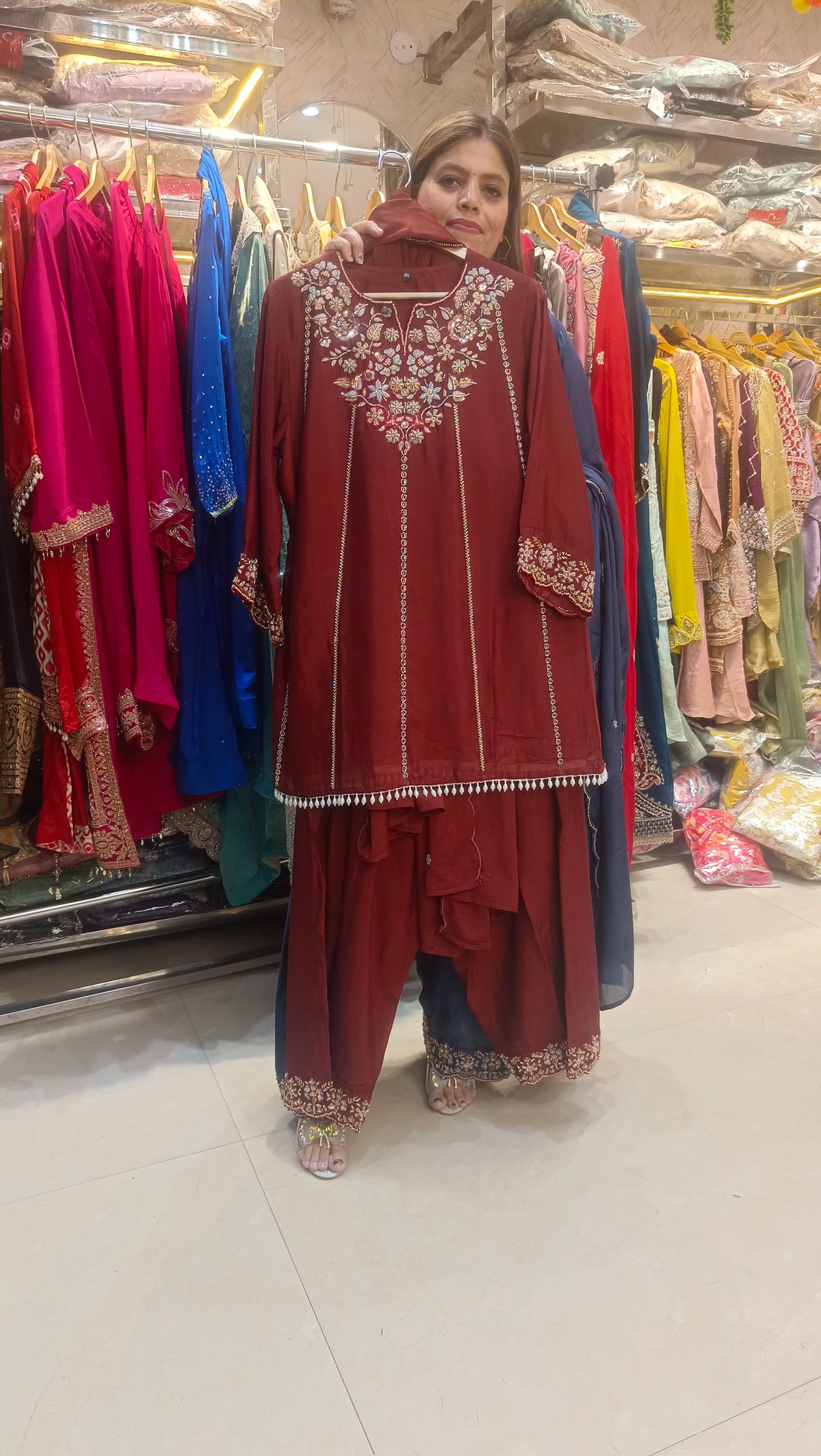 BEAUTIFUL PEMPLUM DESIGN HANDWORK FARSHI SALWAR SUIT