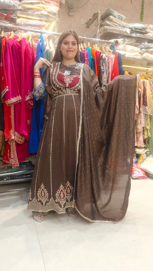 BROWN NECK DESIGN LONG LENGTH 2PC ANARKALI