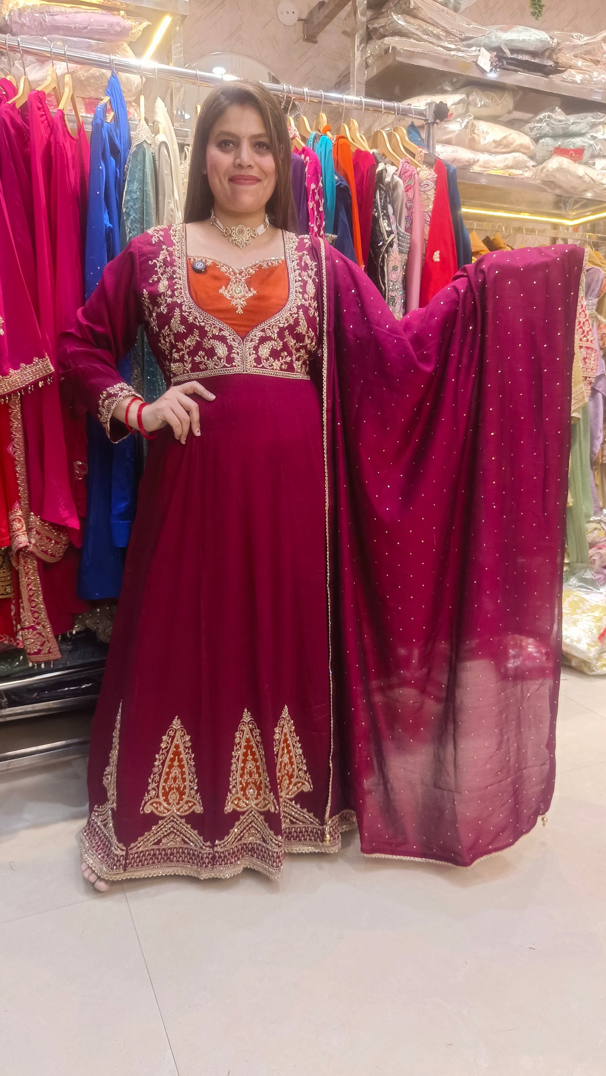 MEHROON NECK DESIGN LONG LENGTH 2PC ANARKALI