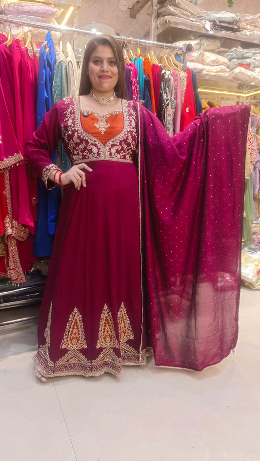 MEHROON NECK DESIGN LONG LENGTH 2PC ANARKALI