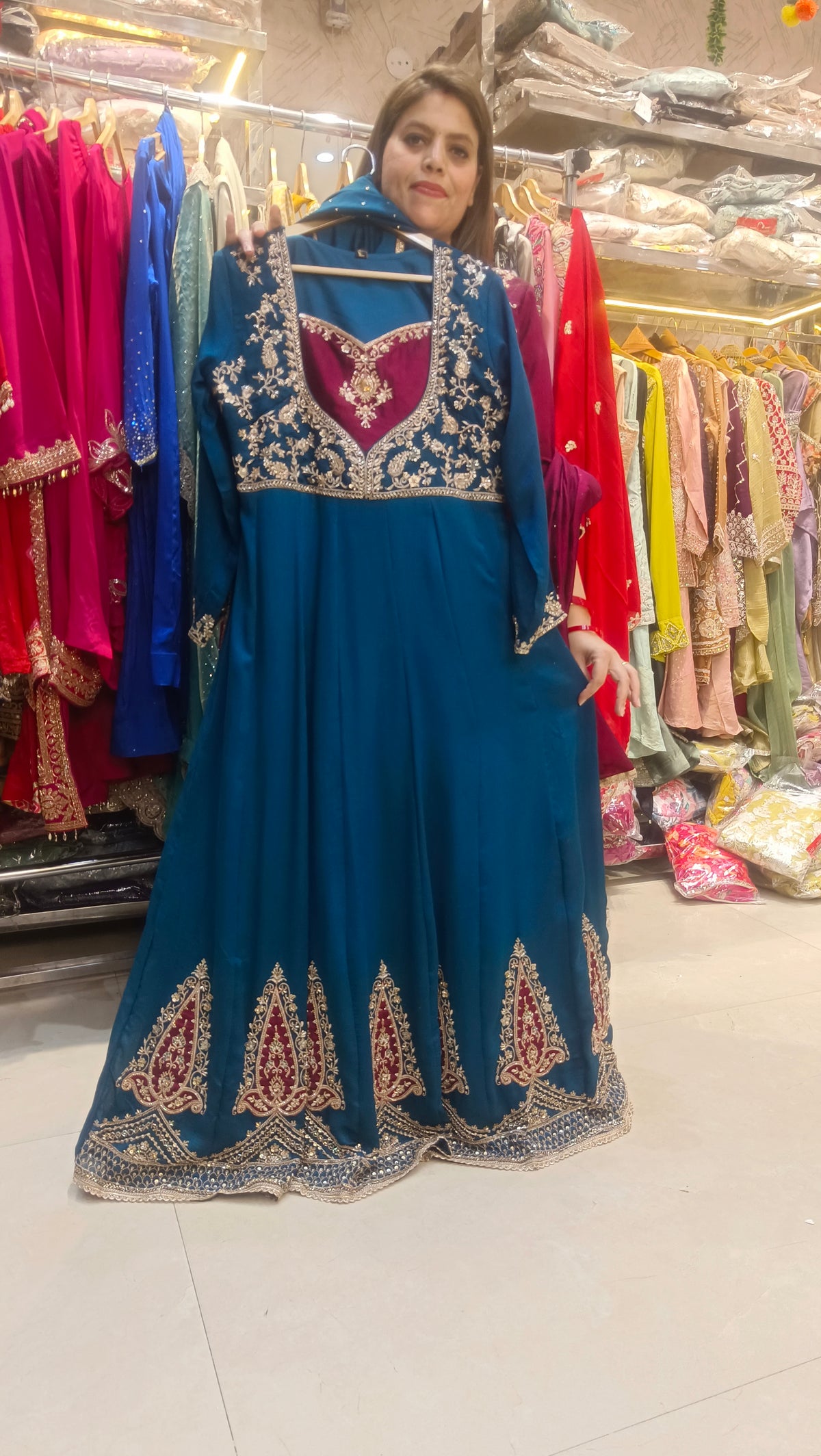 PEACOCK BLUE NECK DESIGN LONG LENGTH 2PC ANARKALI