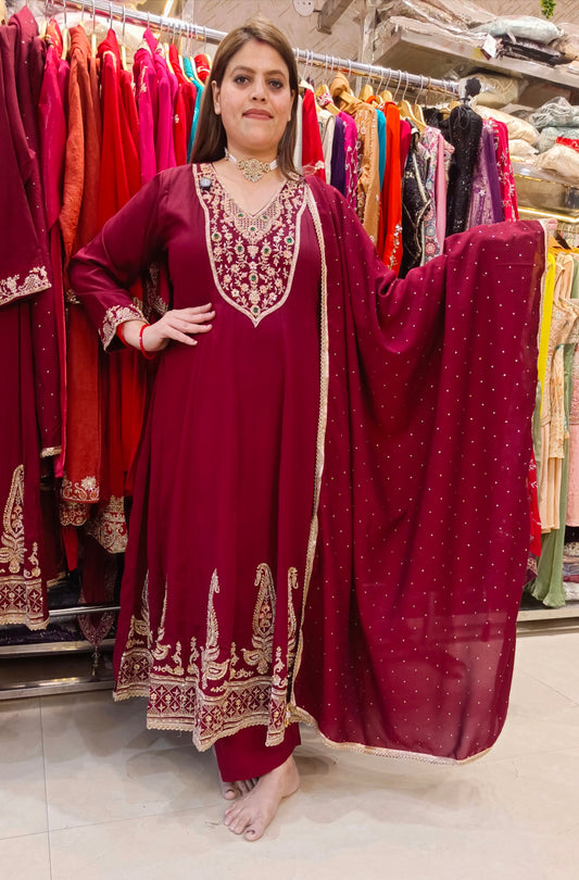 MEHROON NECK DESIGN HANDWORK FUL KALI ANARKALI