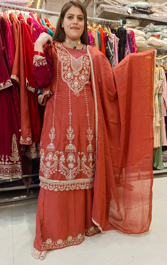 RUST FULL WORK SHORT LENGTH ANARKALI
