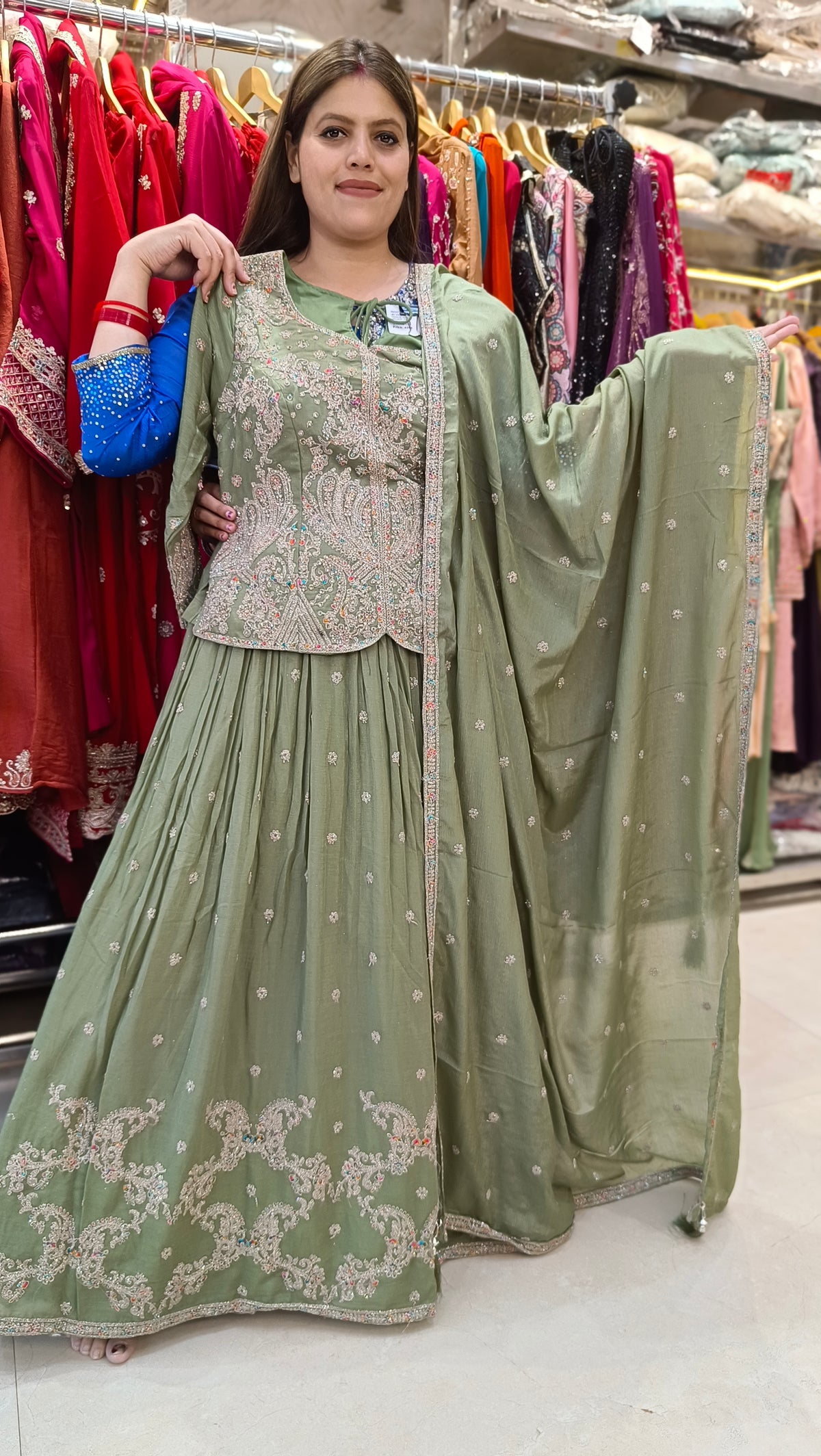 PISTA GREEN PURE CHINON SHORT CHOLI WITH LEHENGA