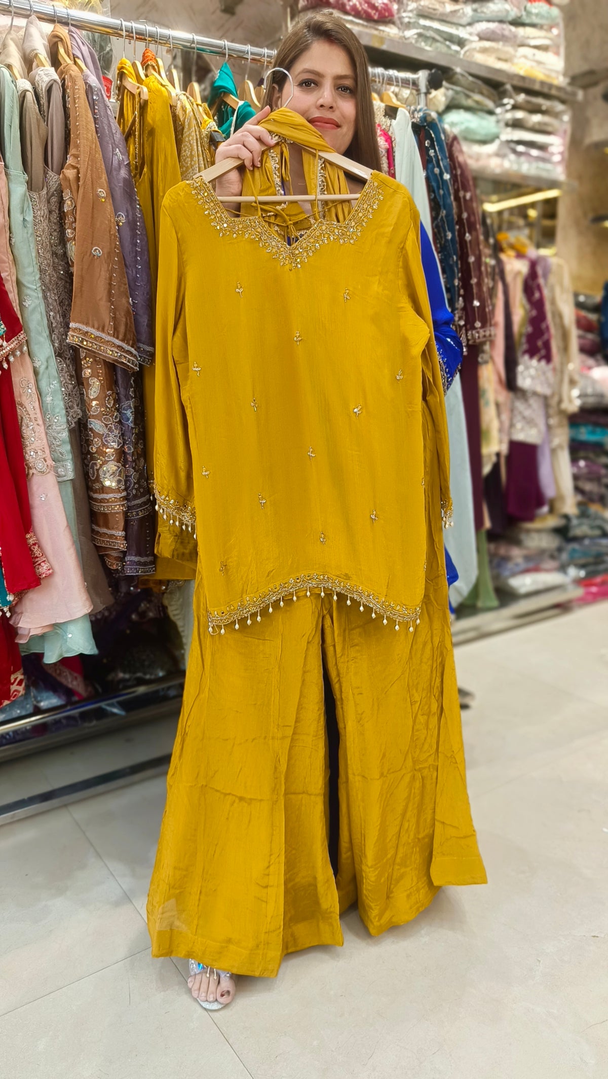 WEDDING WEAR NECK DESIGN SHORT SHIRT WITH BELL BOTTOM JAFFA