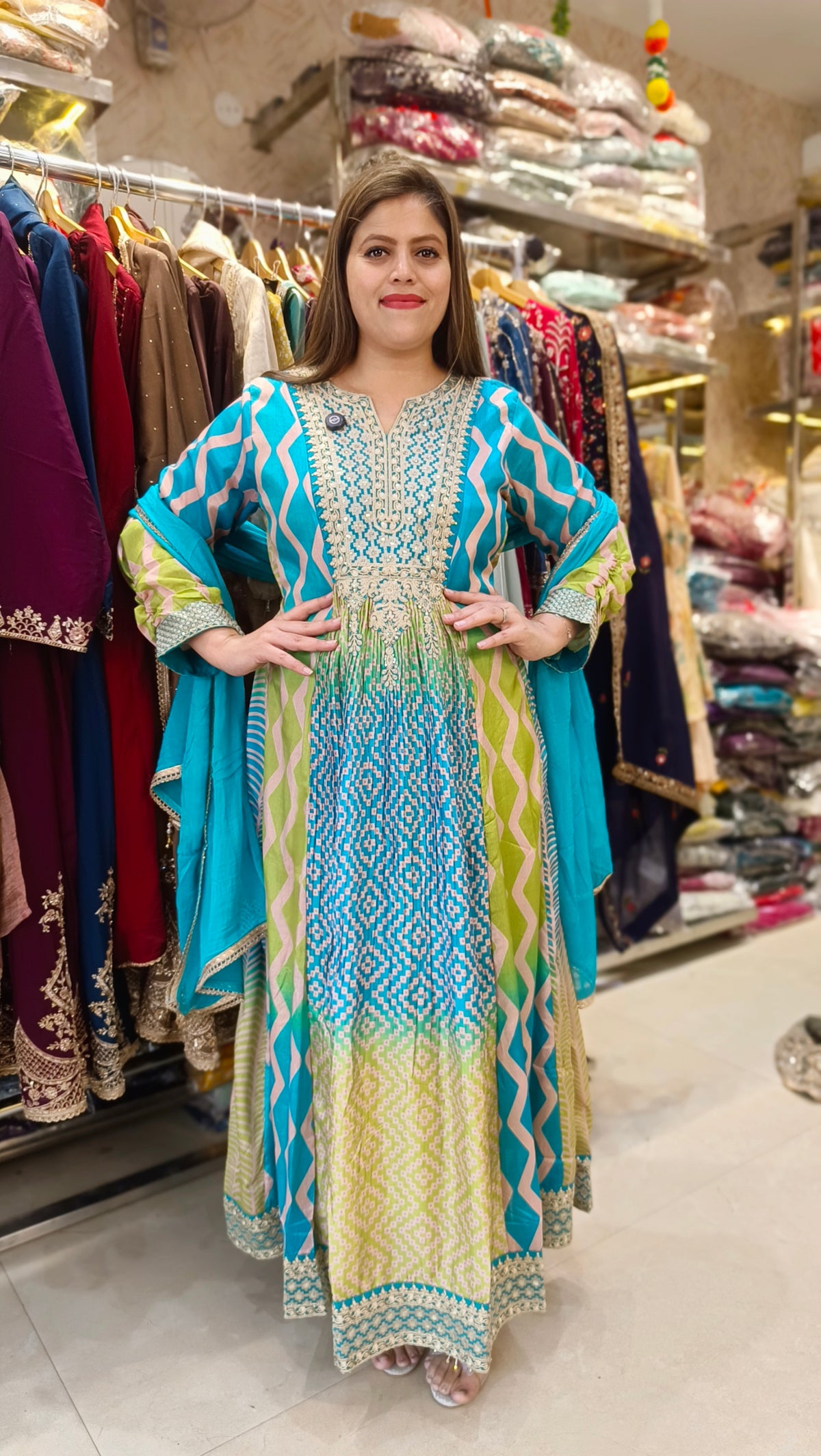 SKY BLUE WITH NEON DUEL SHADE GOTA PATI WORK ANARKALI