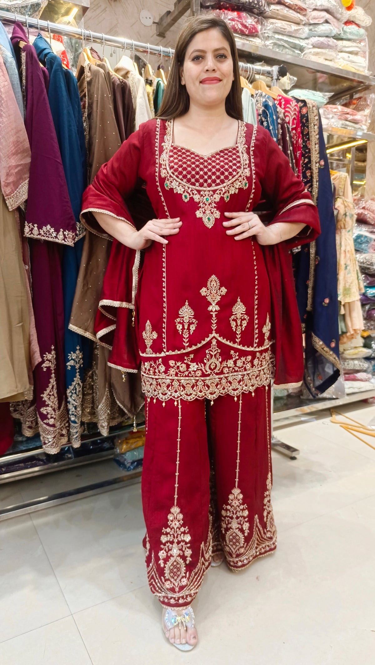 MEHROON NECK DESIGN WITH HANDWORK JAFFA SUIT