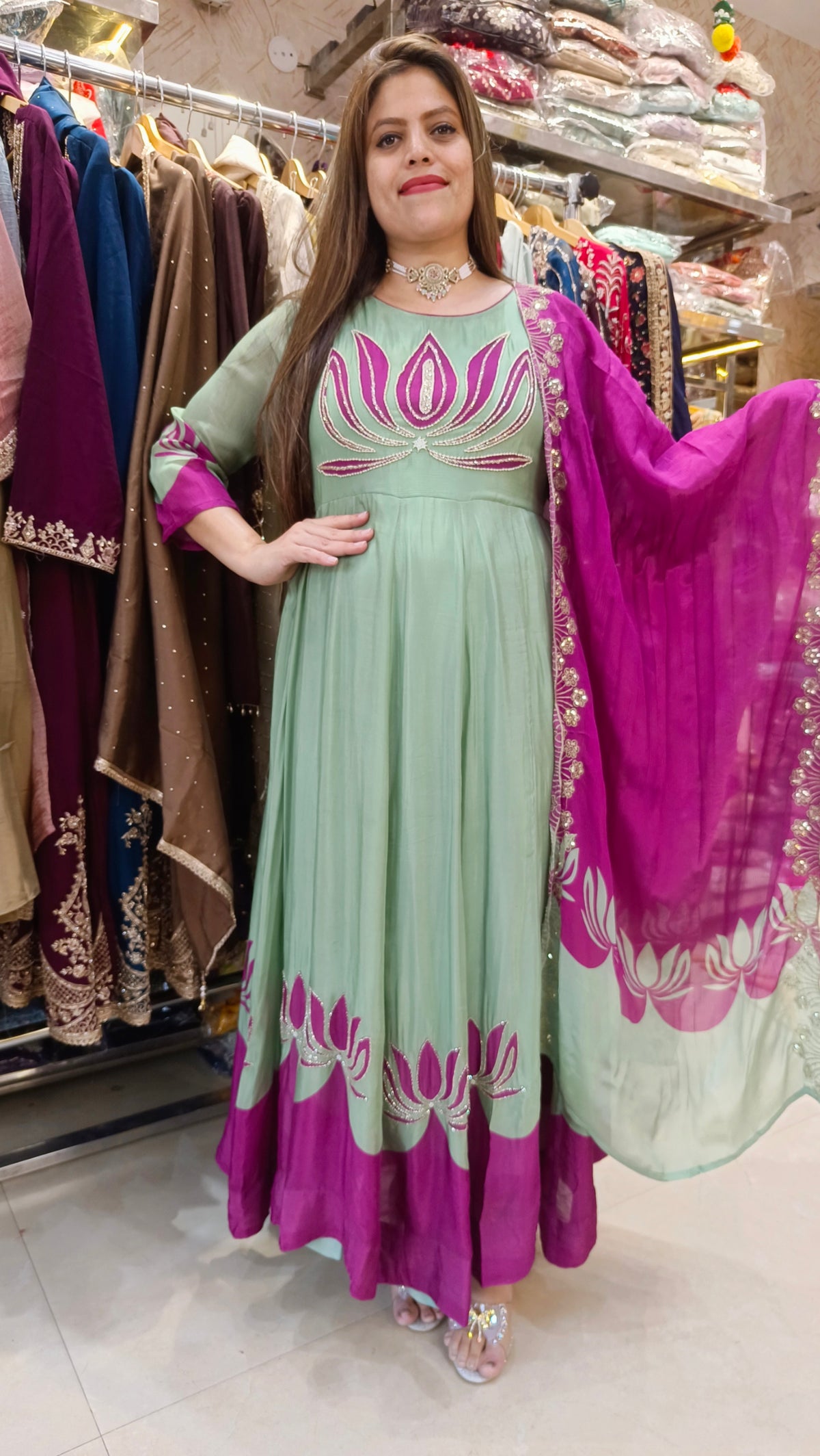 PISTA GREEN WITH PURPLE HANDWORK DESIGNER 3PC ANARKALI