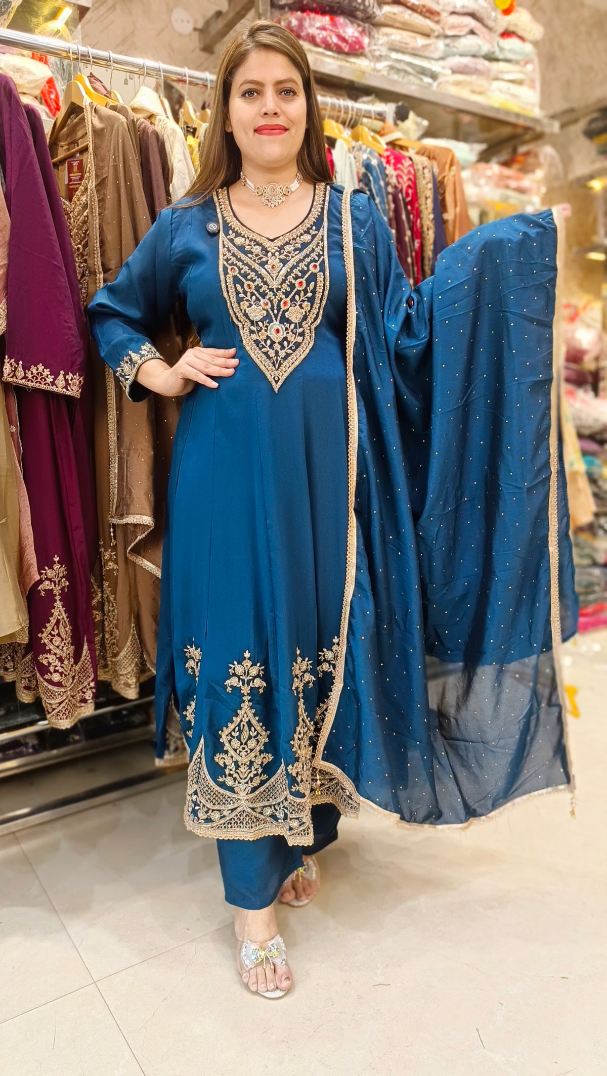 ROYAL BLUE NECK DESIGN HANDWORK FUL KALI ANARKALI