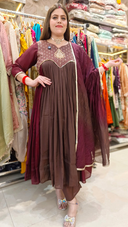 Mal Chanderi Anarkali WIth Golden Work
