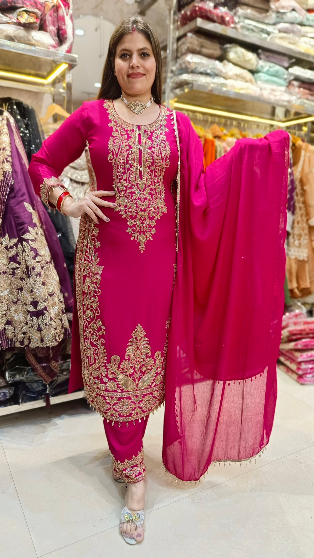 Hot Pink WIth Golden Handwork Embroidered Party Wear Suit
