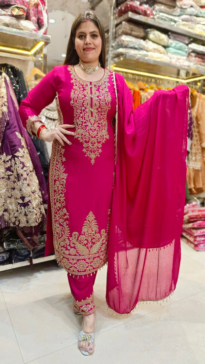 Hot Pink WIth Golden Handwork Embroidered Party Wear Suit