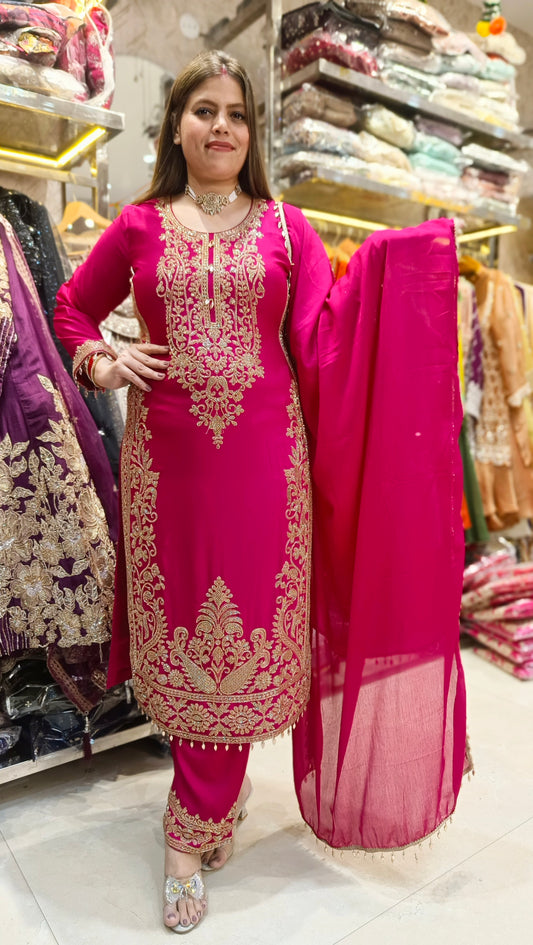 Hot Pink WIth Golden Handwork Embroidered Party Wear Suit