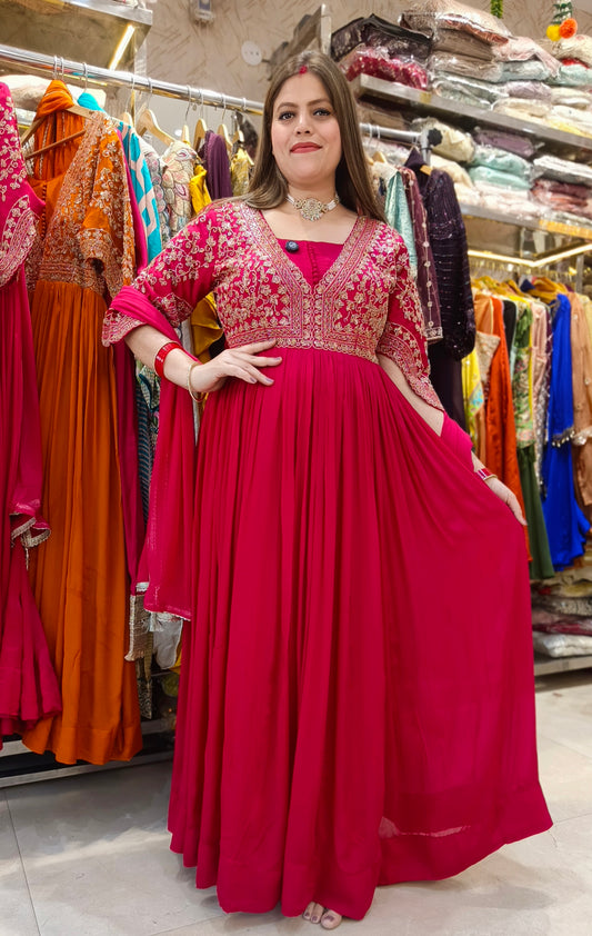 HOT PINK FULL PEARL WORK DESIGNER ANARKALI