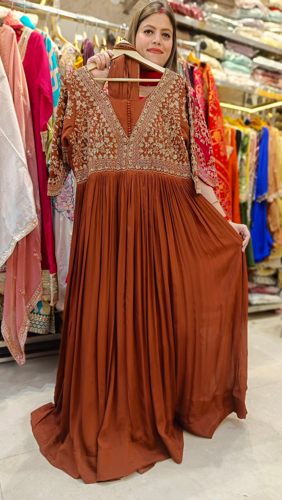 BROWN FULL PEARL WORK DESIGNER ANARKALI