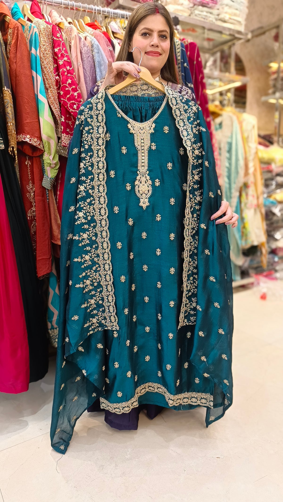 Pure Chinon Embroaided Suit With Work On Neck