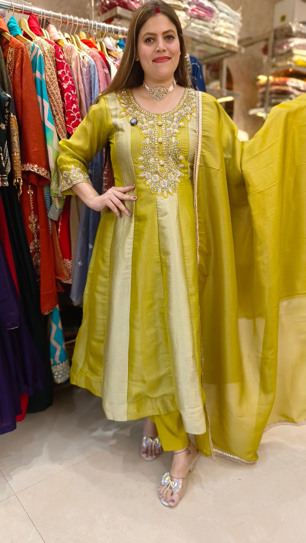 YELLOW FUL HAND WORK FULL FLAIR ANRKALI