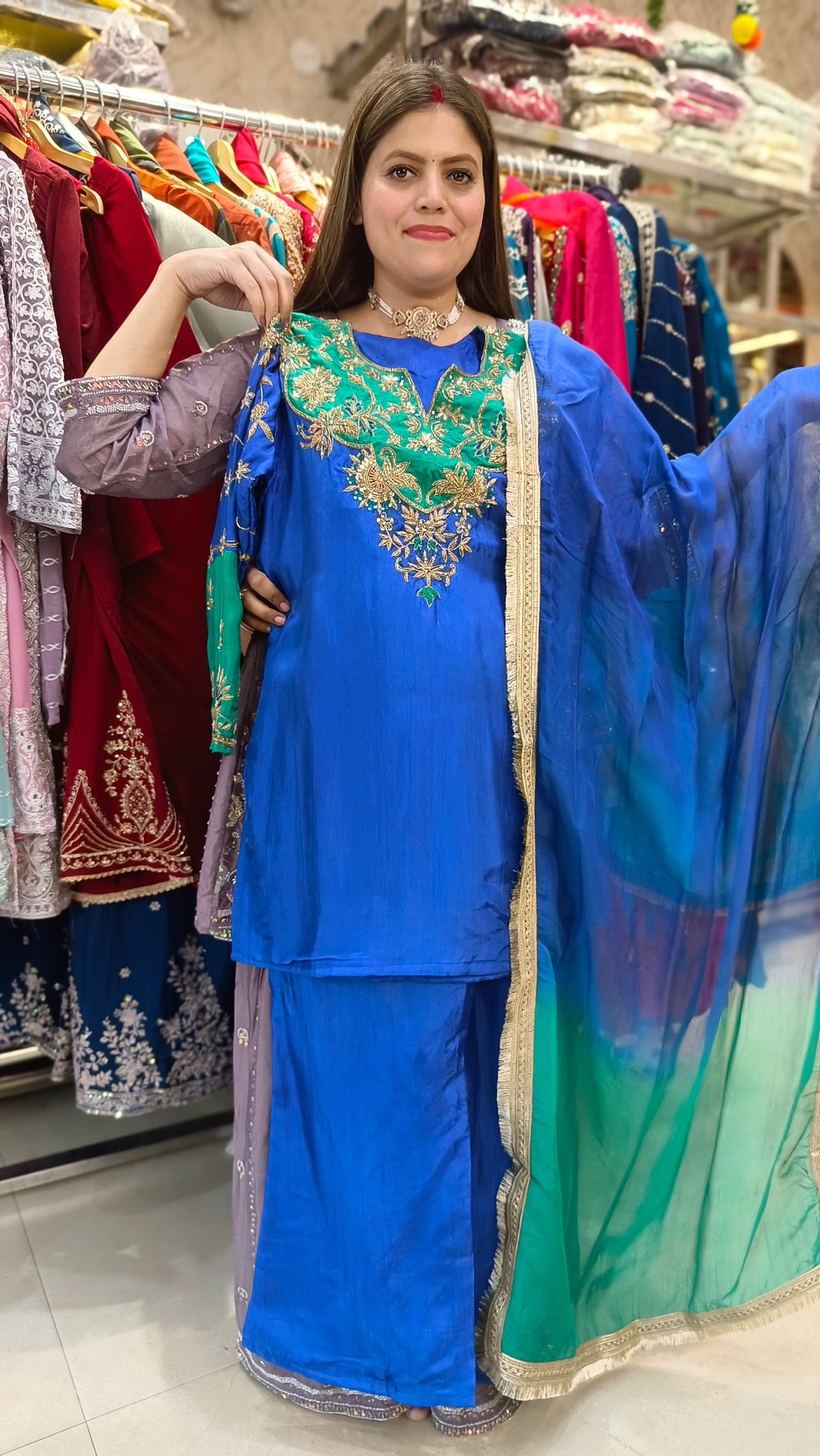 BLUE WITH GREEN DUEL HAND WORK DESIGNER SHORT ANRKALI