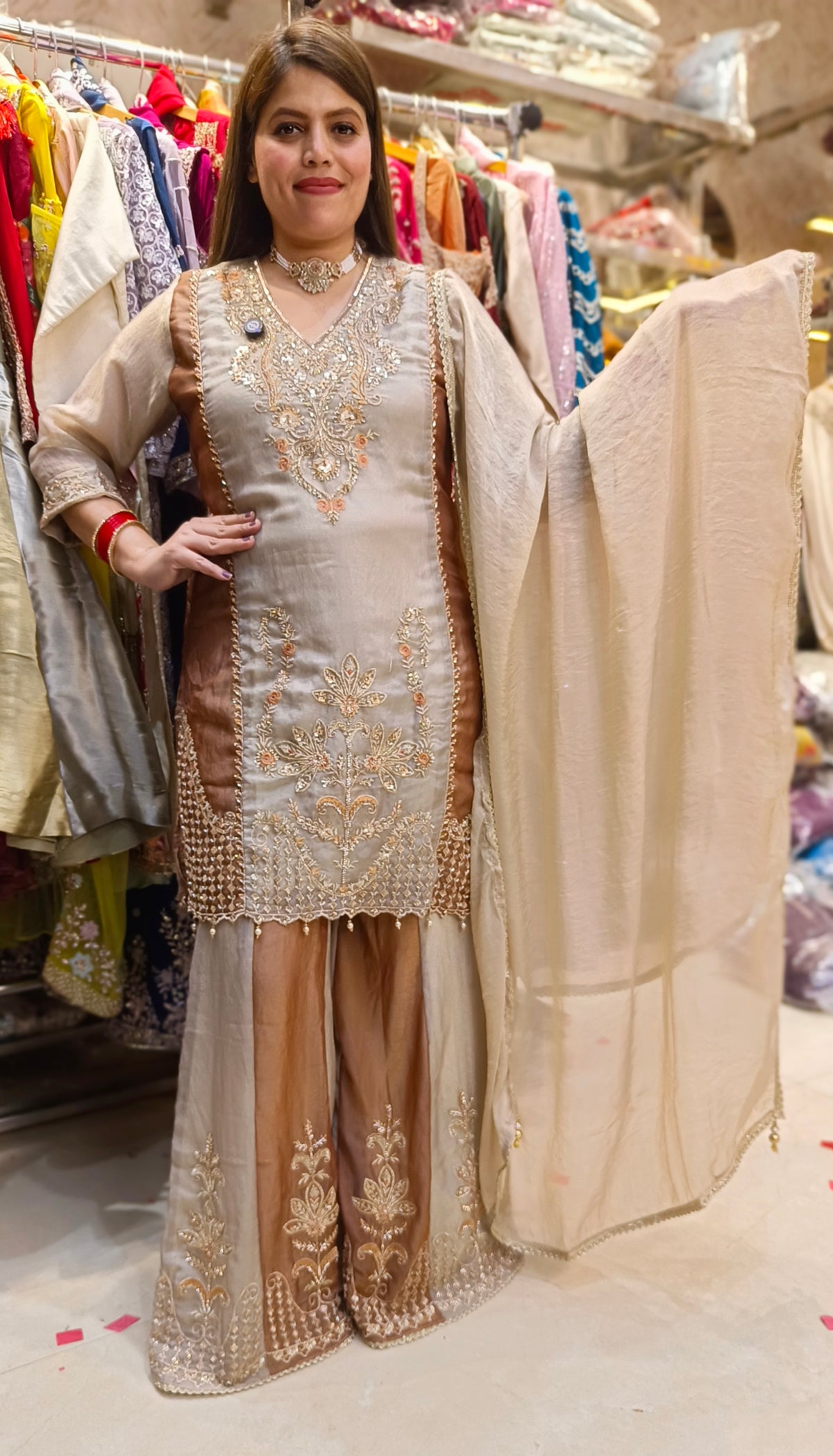 PURE RUSSIAN SILK SHARARA SUIT WITH HEAVY WORK (BEIGE)