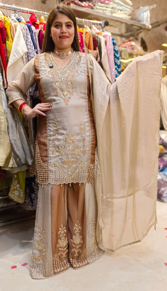 PURE RUSSIAN SILK SHARARA SUIT WITH HEAVY WORK (BEIGE)