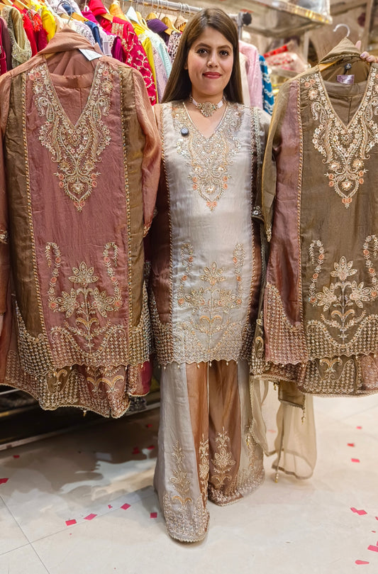 PURE RUSSIAN SILK SHARARA SUIT WITH HEAVY WORK (RUST)