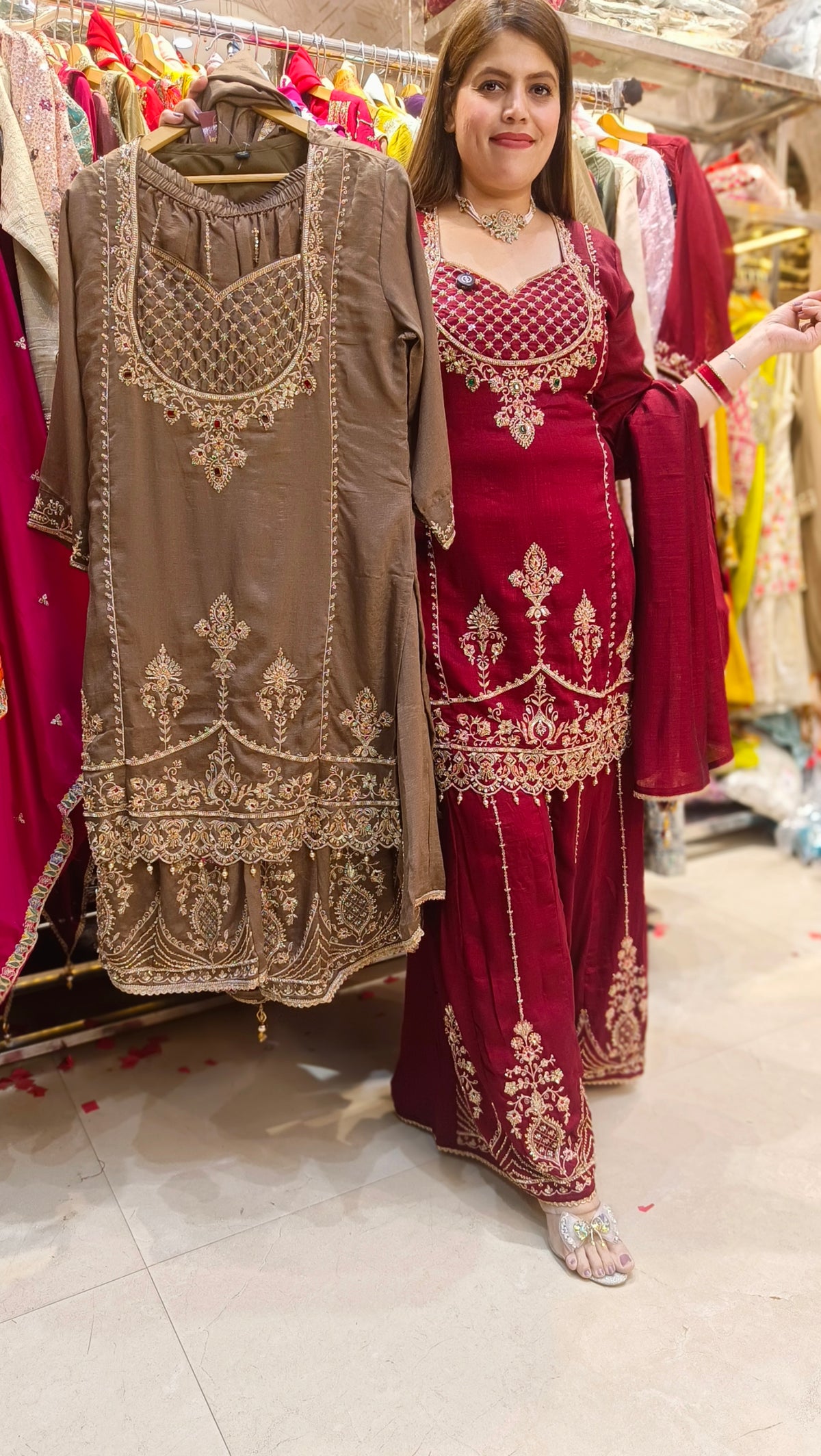 MEHROON NECK DESIGN WITH HANDWORK JAFFA SUIT BROWN