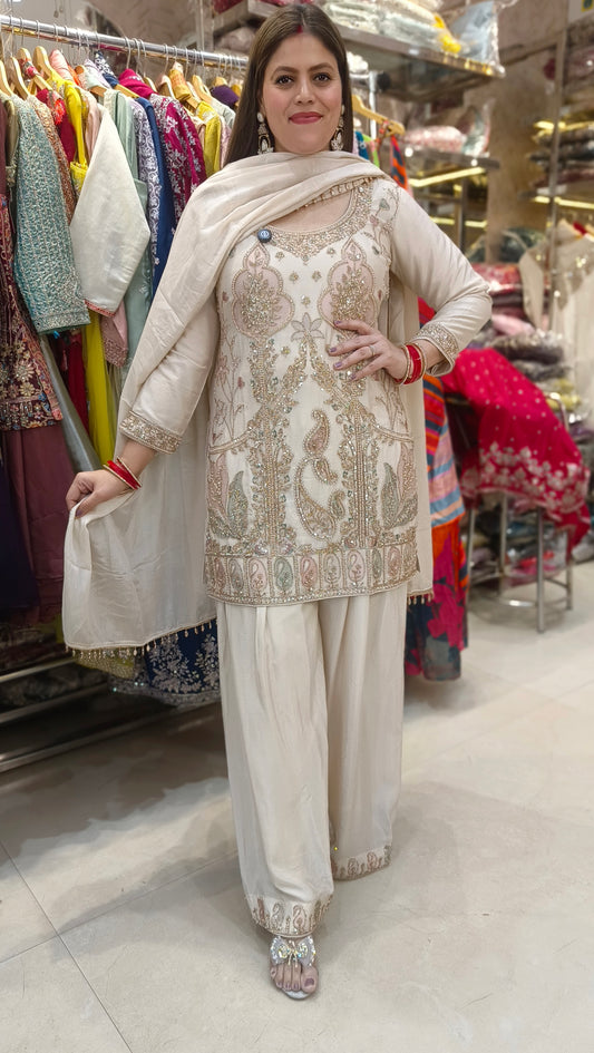 PURE CHINON PLAZO SUIT WITH HEAVY HANDWORK SUIT (IVORY)