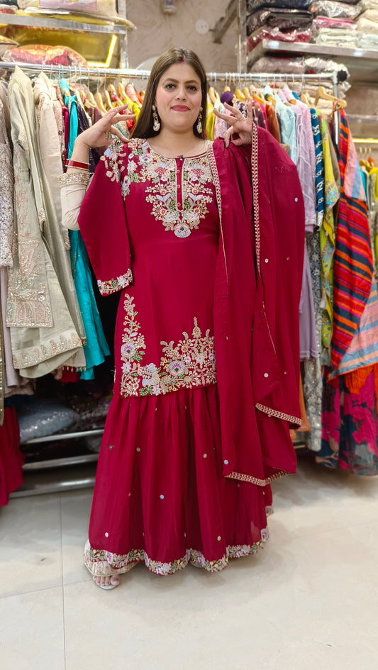 PURE CHINON SHARARA SUIT WITH HANDWORK(MEHROON)