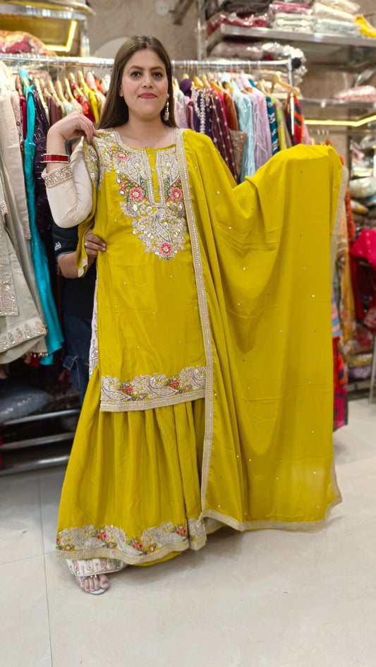 PURE CHINON SHARARA SUIT WITH HANDWORK(YELLOW)