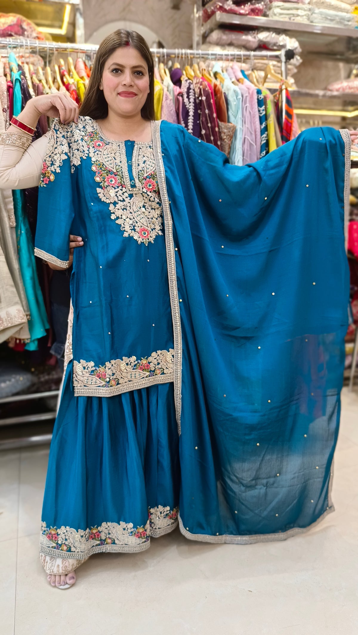 PURE CHINON SHARARA SUIT WITH HANDWORK(BLUE)