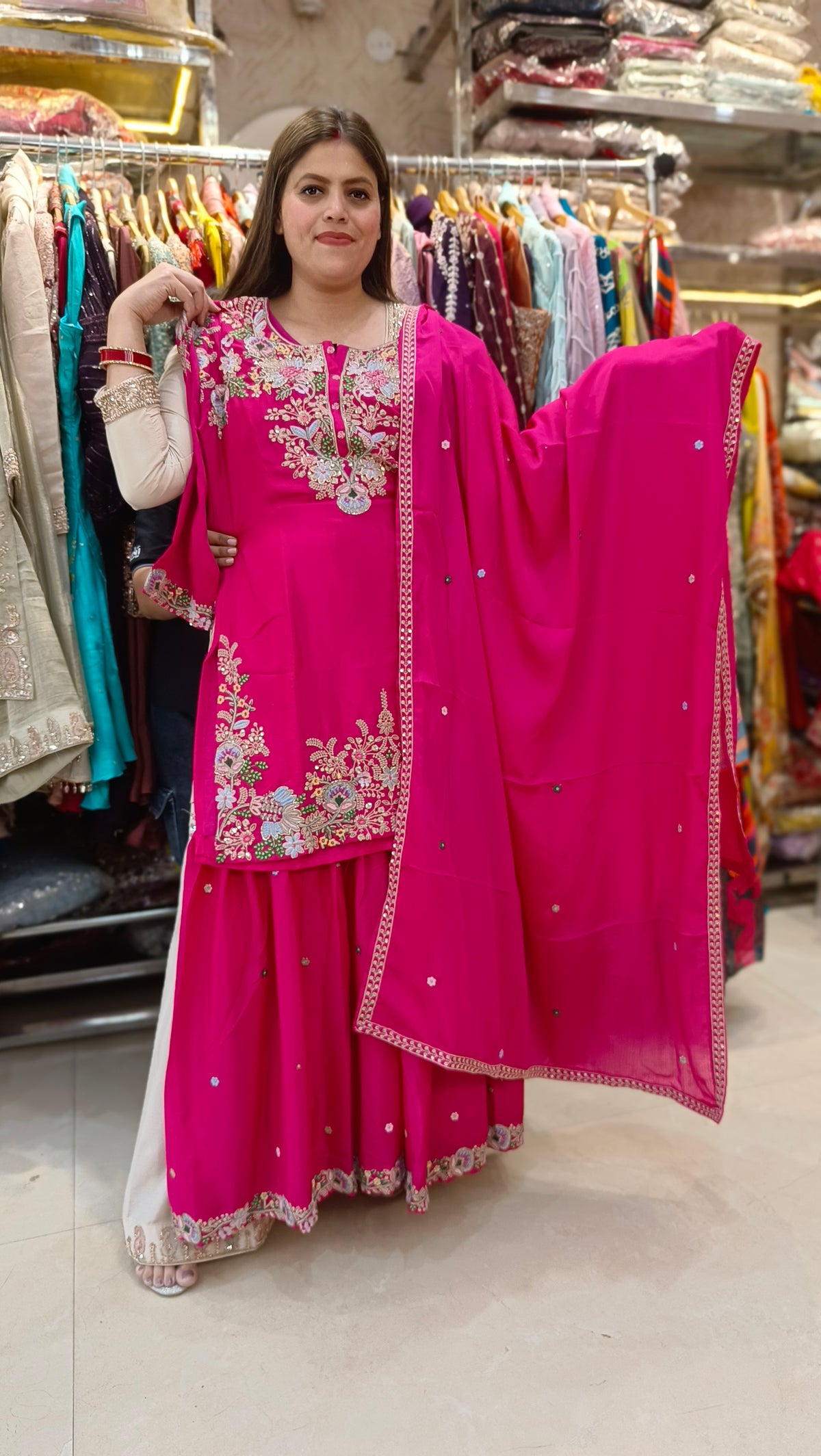 PURE CHINON SHARARA SUIT WITH HANDWORK(HOT PINK)