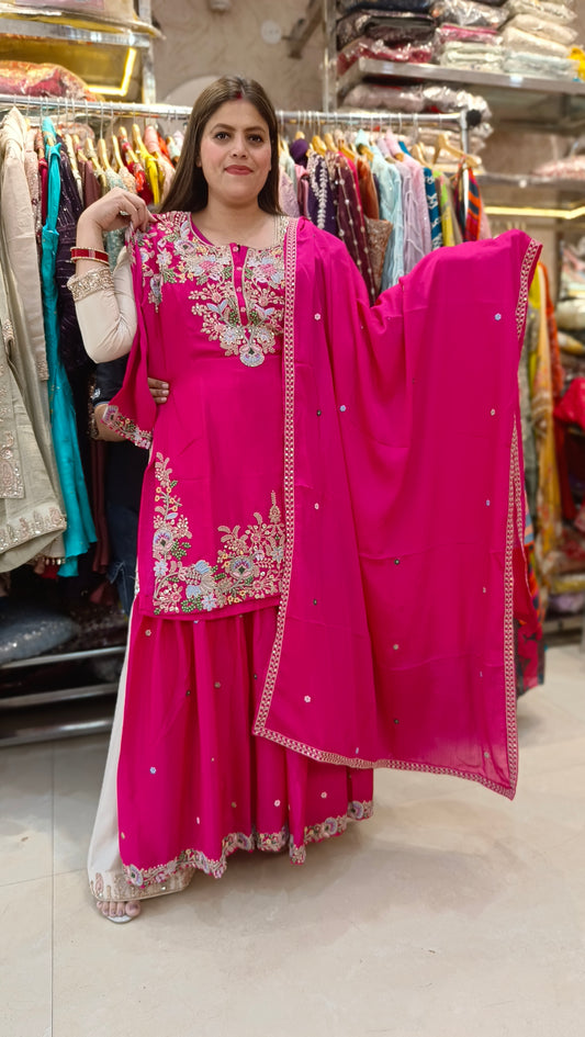 PURE CHINON SHARARA SUIT WITH HANDWORK(HOT PINK)