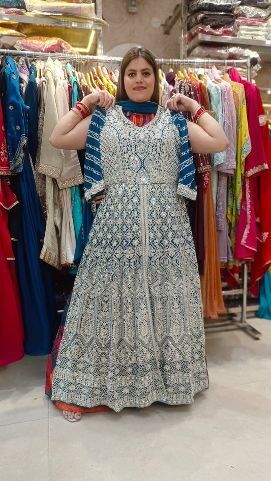 BLUE EMBROIDED FRONTCUT WITH SKIRT AND MIRROR WORK