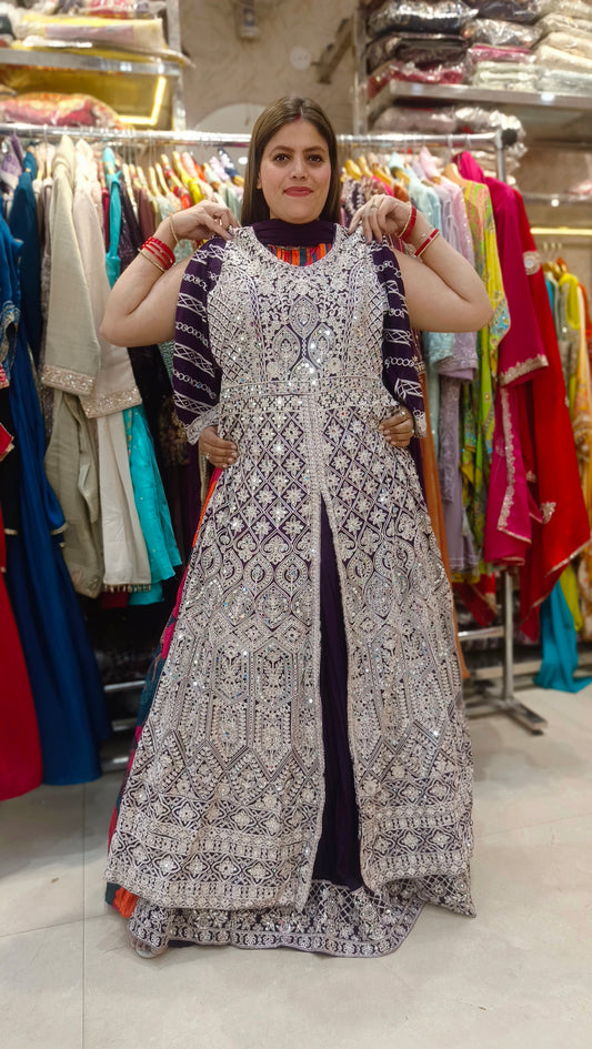 WINE EMBROIDED FRONTCUT WITH SKIRT AND MIRROR WORK