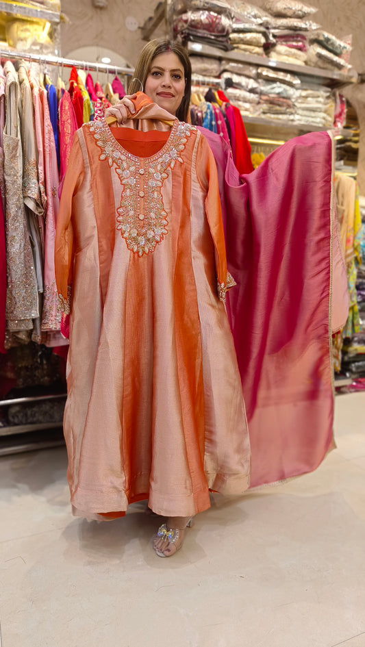 GIRAFFE SILK HANDWORK FULL FLAIR ANARKALI (RUST)