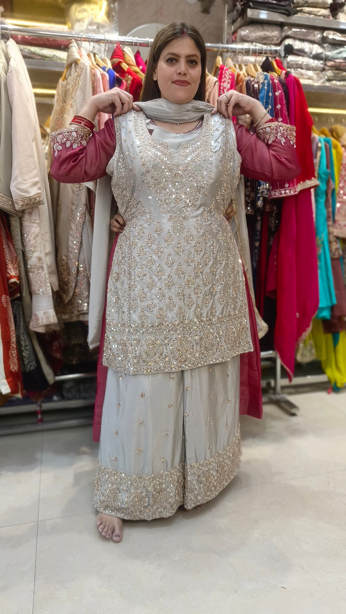 PURE SILK SILK PEARL WORK JAFFA SUIT