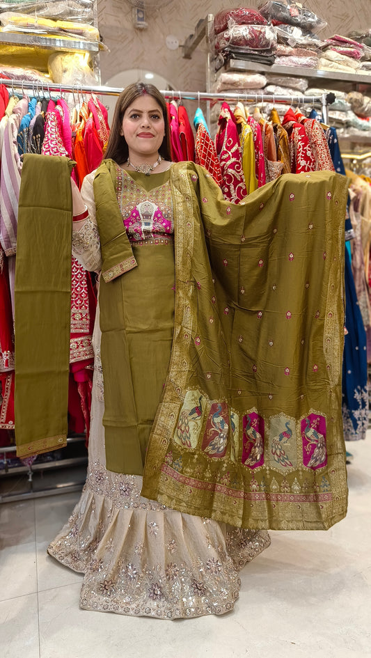 MEHNDI GREEN BANARSI DESIGN RAJASTHANI SUIT