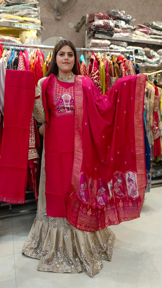 HOT PINK BANARSI DESIGN RAJASTHANI SUIT