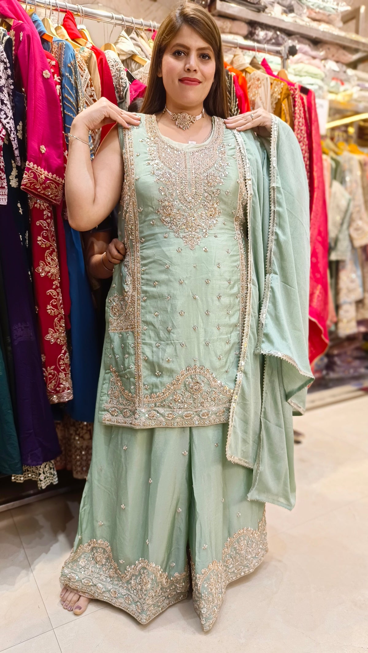 WEDDING WEAR FULL PEARL WORK PLAZZO SUIT