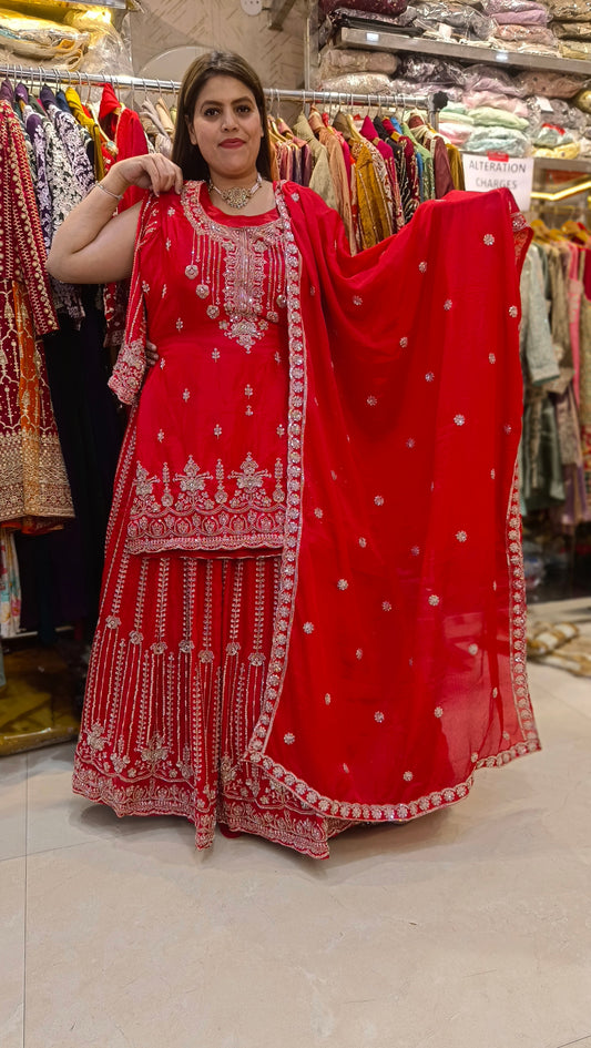 RED KARWACAUTH SPECIAL GOLDEN TILLA WORK LEHENGA