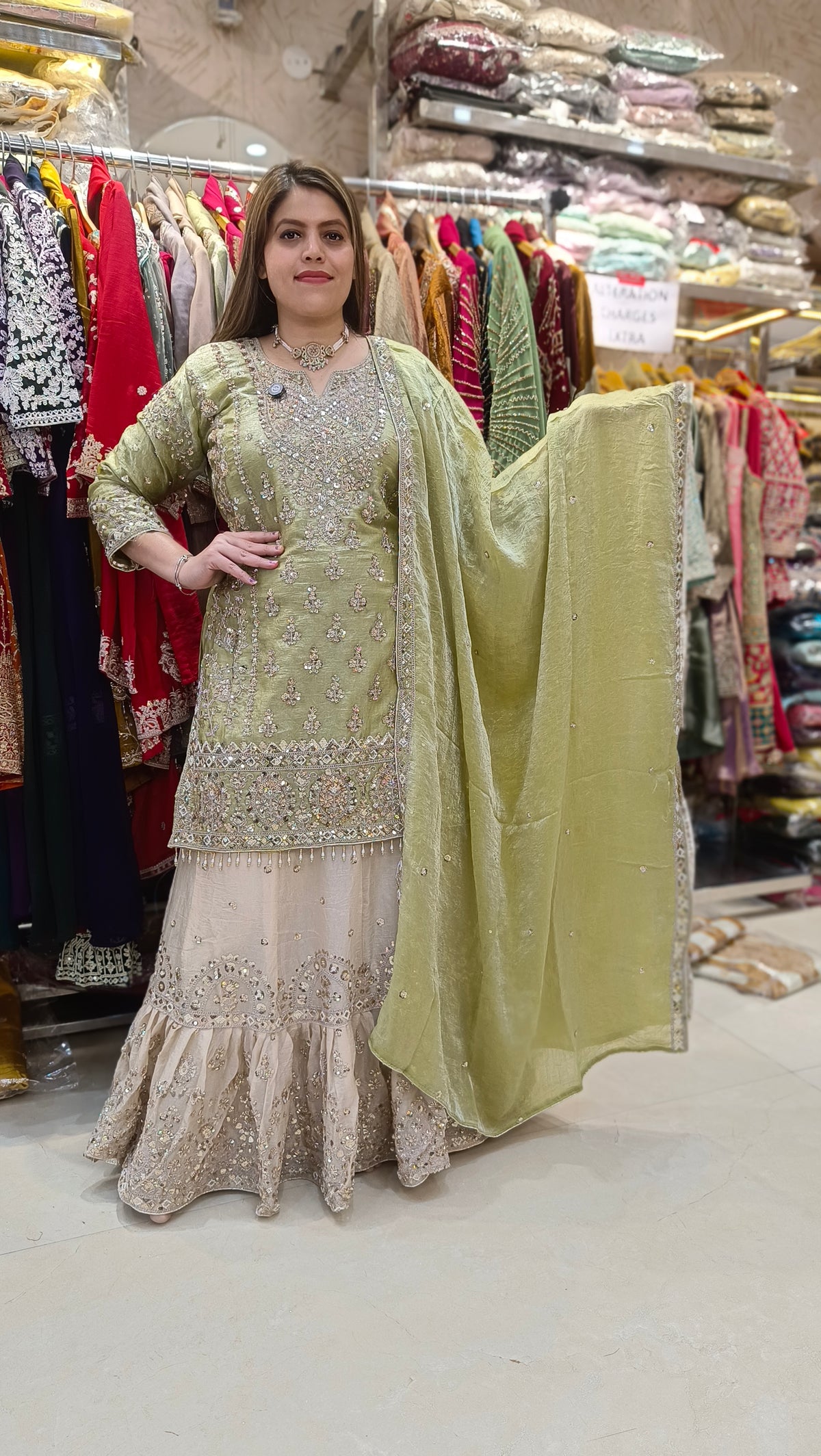 MEHNDI GREEN WITH IVORY FARSHI LEHENGA